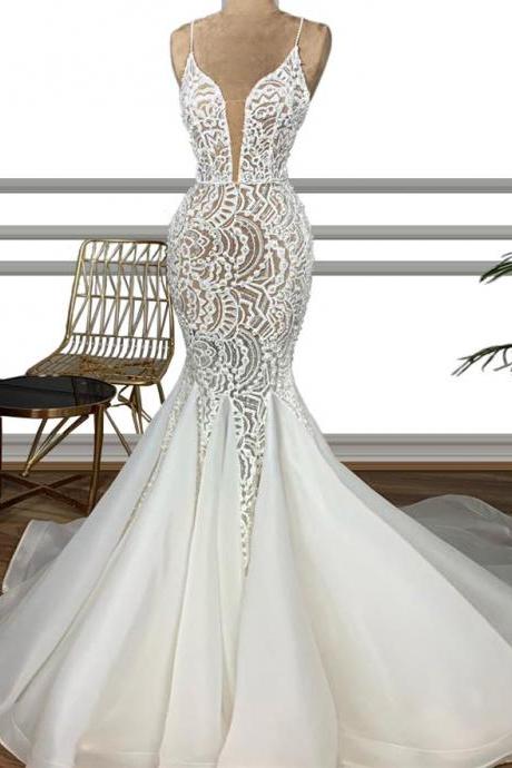 Sexy Mermaid Long Lace Wedding Dress Bridal Gowns Deep V Neck Spagehtti Strap Wedding Gowns