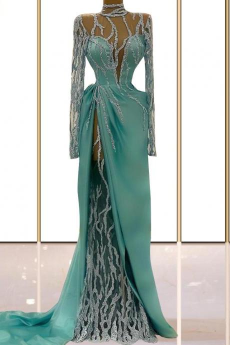 Sexy Sheer Neck Vintage Aqua Prom Dress for Women Long Sleeve Illusion Back Formal Evening Dresses Sweep Train