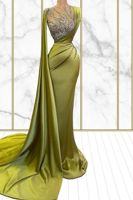 Elegant Olive Green Prom Dresses 2022 Sexy Sheer Neck Beaded Sequins Formal Long Satin Evening Dress for Women