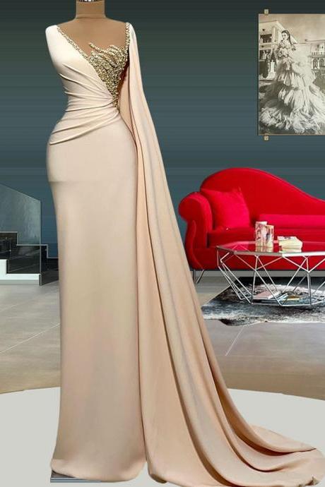 Vintage Nude Satin Bead Prom Dresses with Beaded Pearl Top Mermaid Long Evening Dress for Arabic Women