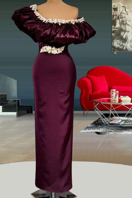 Dark Purple Sexy Off the Shoulder Prom Dresses with Lace Beaded Sheath Slim Figure Long Party Dress for Women Floor Length