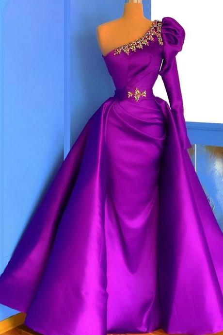 Sexy One Shoulder Purple Prom Dress with Detachable Overly Train Formal Crystal Evening Dress for Women