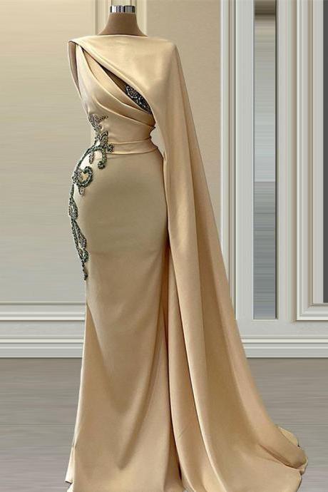 Vintage Champagne Beaded Prom Dress for Lady Elegant Satin Women Evening Dresses for Party Custom Made