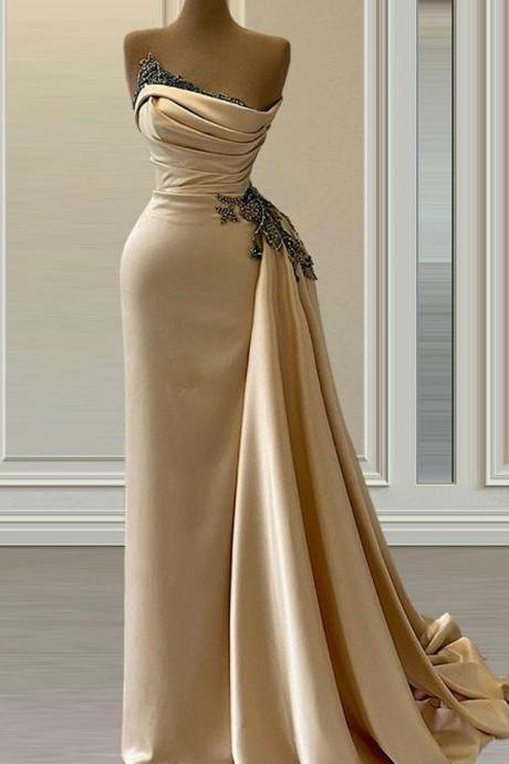 Sexy Backless Strapless Vintage Champagne Beaded Prom Dress for Lady Elegant Satin Women Evening Dresses for Party 