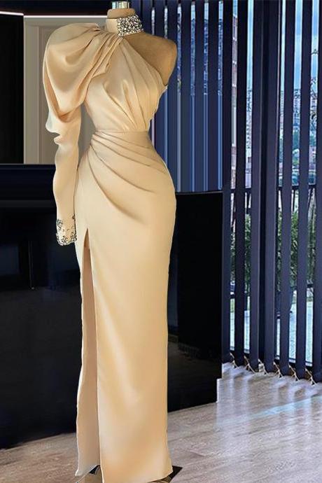 Sexy One Shoulder Long Champagne Beaded Prom Dress for Lady Split Side Formal Women Party Dresses