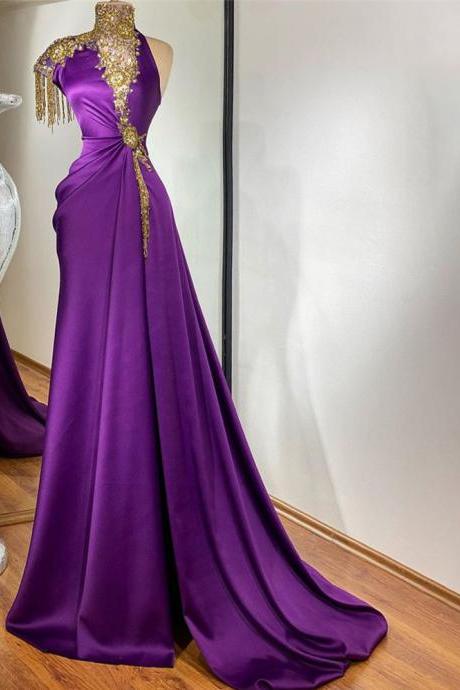 Luxury Golden Crystal Women Purple Prom Dress for Women Sexy One Shoulder Pageant Party Dresses