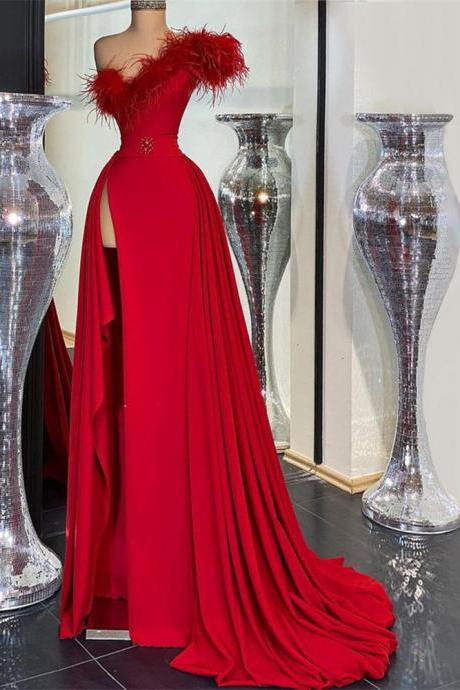 Sexy Red Feather Prom Dress Long Satin Formal Women Party Gowns Split Side Backless