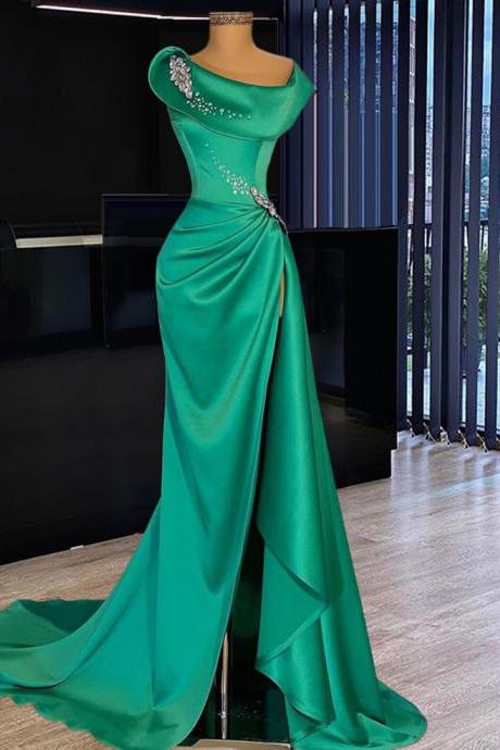 Vintage Emerald Green Satin Long Prom Dress for Lady Sexy Split Side Formal Evening Dresses