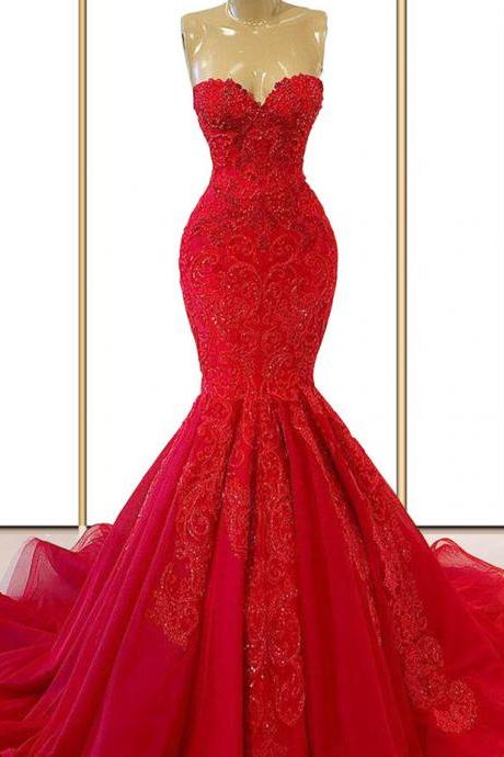 Sexy Backless Red Appliques Mermaid Long Prom Dress for Lady Formal Evening Dresses