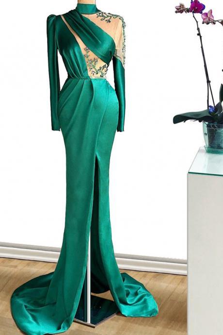 High Neck Vintage Emerald Green Long Split Side Mermaid Long Prom Dress for Lady Formal Evening Dresses