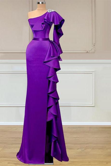 Sexy One Shoulder Purple Long Prom Dress for Lady Full Sleeve Ruffles Formal Party Dresses