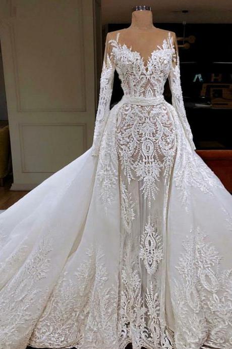 Vintage Ivory Lace Wedding Dresses Full Sleeve with Overlay Detachable Train Long Bridal Gowns for Lady