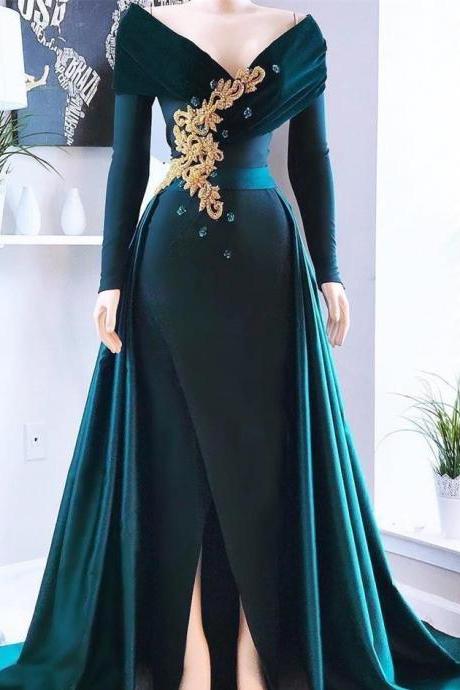 Dark Green Long Sleeves Evening Dresses Off The Shoulder Appliques Beaded Formal Prom Party Gowns With Front Slit Customized