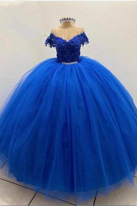Royal Blue Tulle Quinceanera Dresses Ball Gown Prom Graduation Dress Sweet 15 Girls
