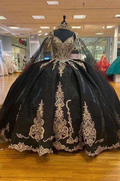 Princess Black Quinceanera Dresses With Cape for Sweet 15 Year Ball Gown Debutante Party Dress