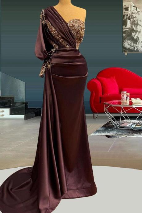 Elegant Brown Long Beaded Evening Dresses Sexy One Shoulder Mermaid Formal Prom Dress for Party