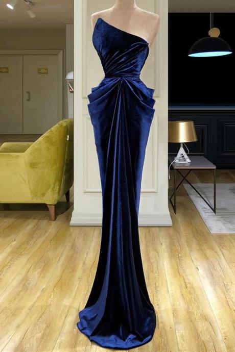 Sexy Backless Navy Blue Velvet Prom Dresses 2022 Custom Made Long Mermaid Dress for Party