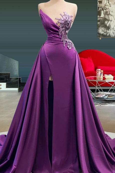 Elegant Purple Long Women Prom Dresses 2022 Split Side Sexy Sheer Neck Formal Evening Dress