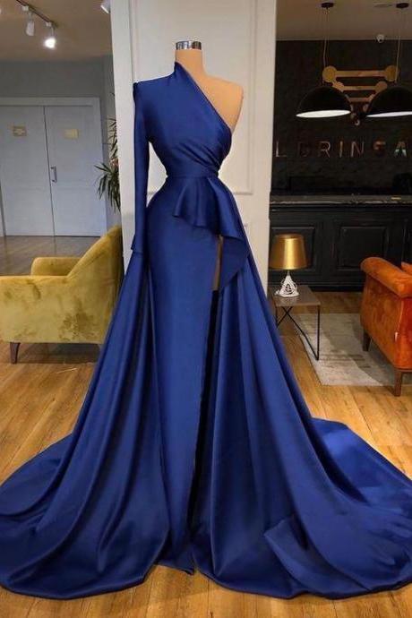Sexy One Shoulder Blue Prom Dress with Long Sleeve Split Side Sweep Train Formal Party Dress for Lady