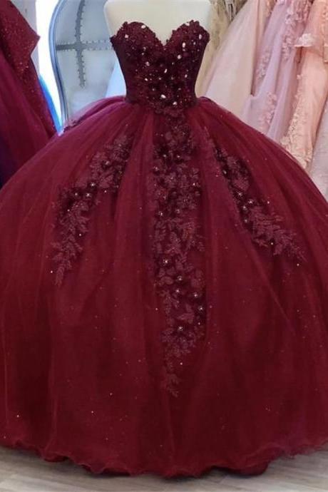 Princess Burgundy Lace Quinceanera Dresses Ball Gown Sweet 16 Year Girl Prom Dress for Lady