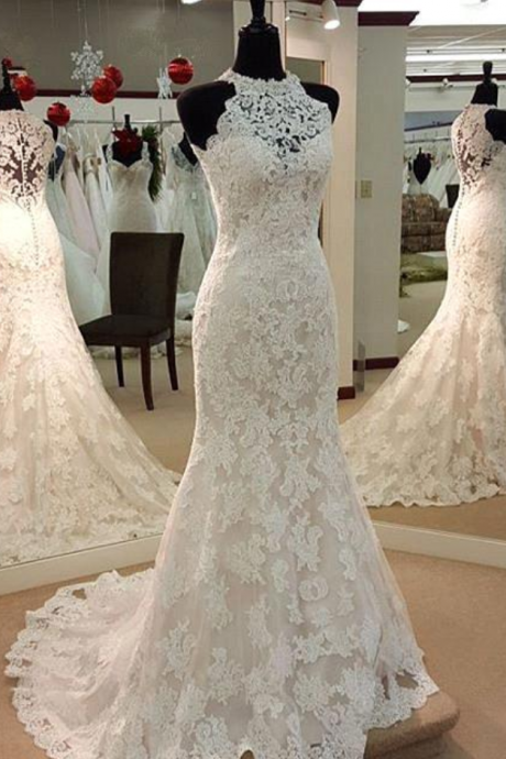 Vintage Ivory Lace Mermaid Wedding Bridal Dress for Women Sweep Train Sleeveless Custom Made Bride Gowns