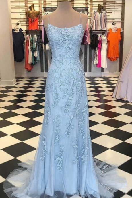 Sexy Backless Sky Blue Lace Evening Dress for Women Fitted Lady Prom Gowns 