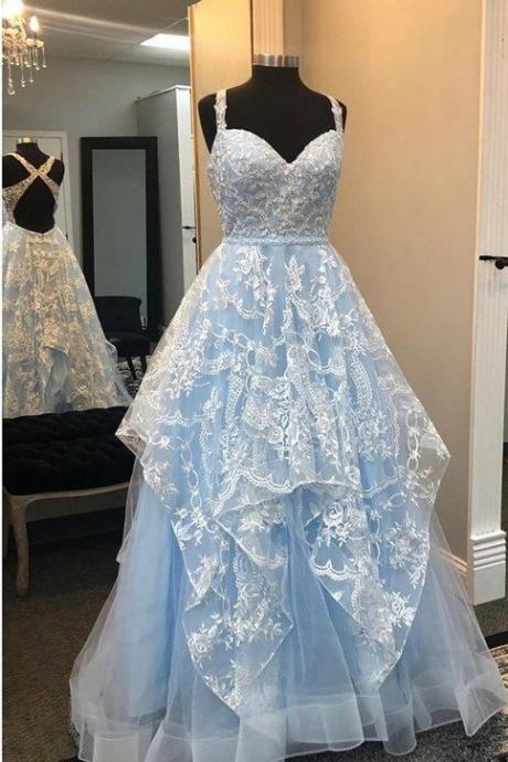 Elegant Sky Blue Lace Long Prom Dresses for Lady Long Tulle Formal Women Evening Dress Sweetheart Neck Spaghetti Strap