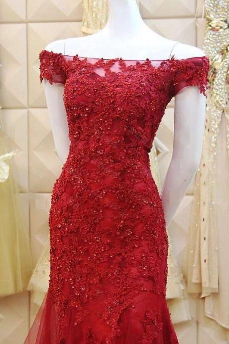 Elegant Burgundy Lace Evening Dresses Long Tulle Beaded Prom Gowns for Lady Off the Shoulder
