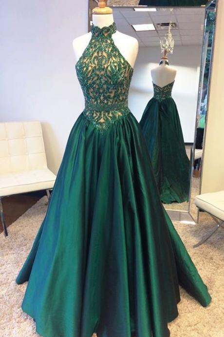 Emerald Green Lace Formal Evening Dresses Long Vintage Satin Prom Gowns High Neck Sleeveless Floor Length