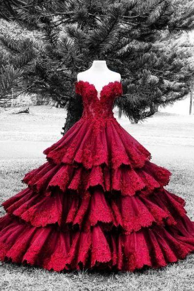 Sexy Burgundy Lace Tiered Evening Dresses Plus Size Corset Prom Gowns Off the Shoulder Formal Party Dress