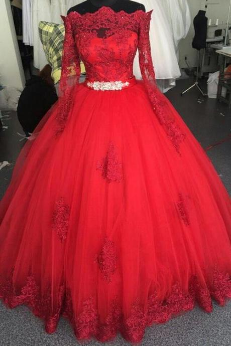 Sweet 15 Year Red Lace Quinceanera Dresses with Long Sleeve Ball Gown Tulle Princess Debut Gowns for Girl