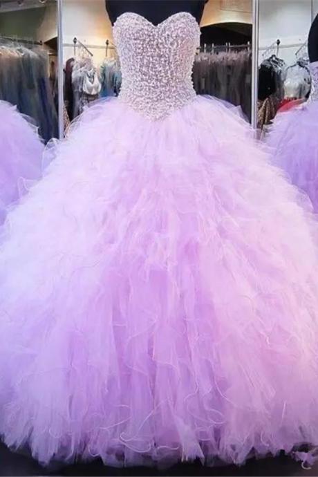 Lavender Quinceanera Dresses Ball Gown Beaded Ruffles Tulle Puffly Corset Gowns Debut Dress 