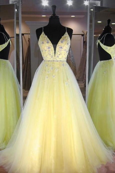 Sexy V Neck Long Baby Yellow Beaded Prom Dresses Open Back Tulle Elegant Evening Dress for Women