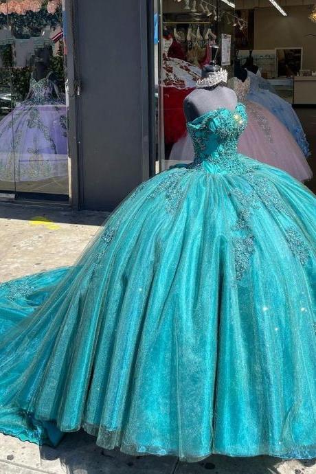 Princess Aqua Beaded Quinceanera Dresses Ball Gown Puffy Lady Prom Dress for Sweet 15 Year Girl Birthday Party