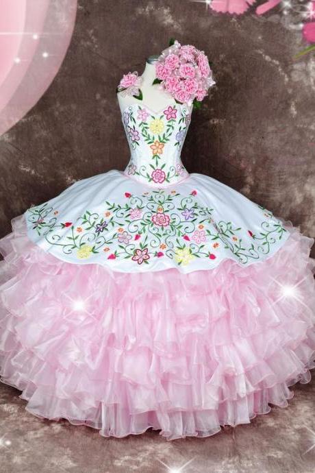 Princess Pink Emboridery Quinceanera Dresses for 15 Year Girl Ball Gown Puffy Prom Dress for Lady Corset Back Long Debut Gowns