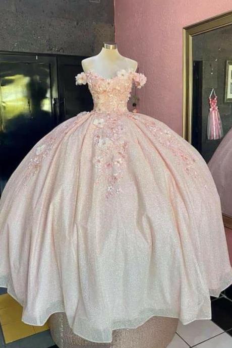 Princess Pink Floral Quinceanera Dress for 15 Year Girl Birthday Party Ball Gown Princess Debut Gowns Off the Shoulder
