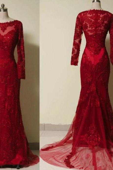 Sexy Sheer Long Sleeve Red Lace Prom Dresses Plus Size Sexy Mermaid Women Evening Dress Plus Size