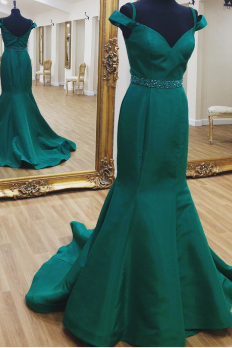 Emerald Green Satin Mermaid Prom Dress for Women Sexy V Neck Beaded Sash Pageant Evening Gowns