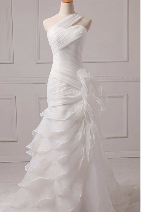 Long Ivory Wedding Dresses Sexy One Shoulder Ruffles 3D handmade Flowers Custom Made Bridal Gowns for Women
