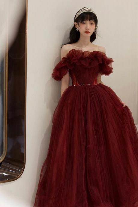 Burgundy Ruffles Tulle Formal Prom Dress for Lady Sexy Off the Shoulder Backless Strapless Evening Gowns