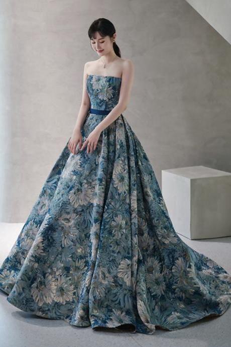 Elegant Blue Foral Formal Evening Dress Prom Gowns for Women A Line Floor Length Satin Pageant Dress