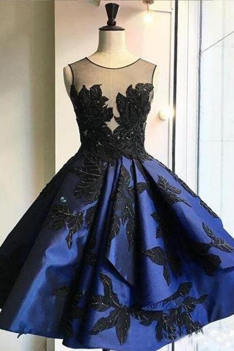 Sexy Sheer Black Lace Prom Dresses，Short Blue Homecoming Dress, Mini Short Cocktail Dress