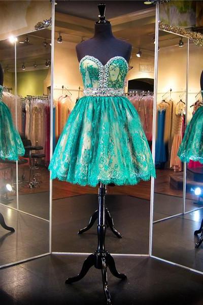 Hunter Green Lace Cocktail Dress, Short Lace Prom Dress, Sexy Sweetheart Lace Party Dress, 2017 Cheap Short Prom Dress, A Line Beaded Prom Dress, Sexy Backless Short Party Dress, Short Club Dress , Short Graduation Dresses, Cheap Homecoming Dresses 2017