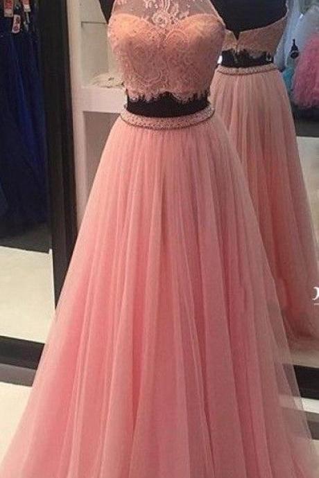 Two Pieces Prom Dress, High Neck Prom Dress, Vintage Tulle Party Dress, 2017 Pink Lace Prom Dress, Sexy Backless Formal Party Dress,Formal Pink Evening Dress, A Line Floor Length Party Dress, Pageant Pink Party Dress,Cheap Party Dress Plus Size 2017