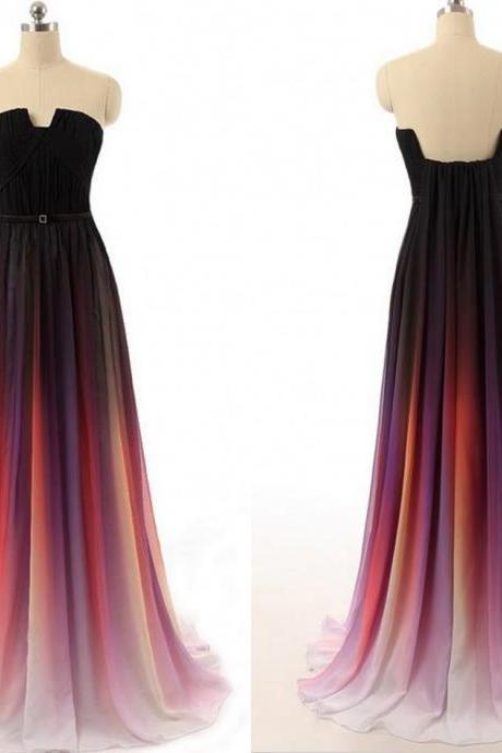 2020 New Cheap Gradient Ombre Chiffon Prom Dress Evening Dress Strapless with Pleats Women Dress