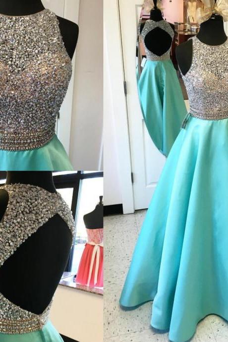 2017 Vestidos De Festa Sexy Open Back Long Turquoise Beaded Prom Dress Jewel Neck Tank Top A Line Satin Formal Evening Dress Elegant Gowns Customize China Party Dress