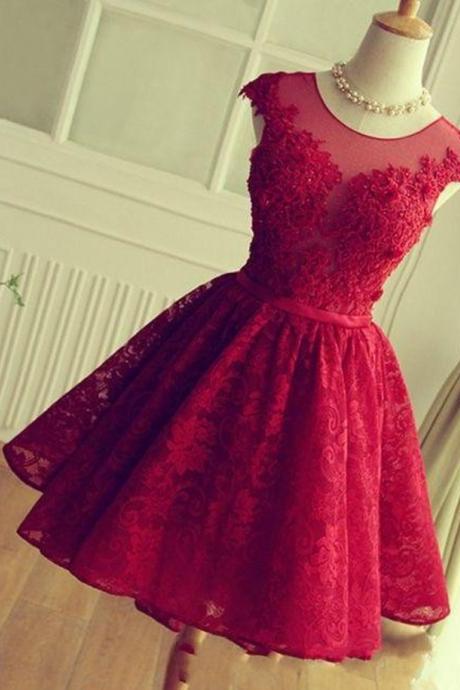 Short Cap Sleeve Knee Length Burgundy Sheer Prom Dress 2017 China Graduation Dress With Lace Appliques 2017