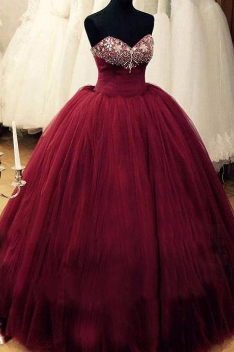 Puffy Burgundy Qinceanera Dresses For 15 Year Girls Prom Dress Ball Gown Beaded Top Corest Lace-Up Back Floor Length Princess Vestidos De Debutante Gowns
