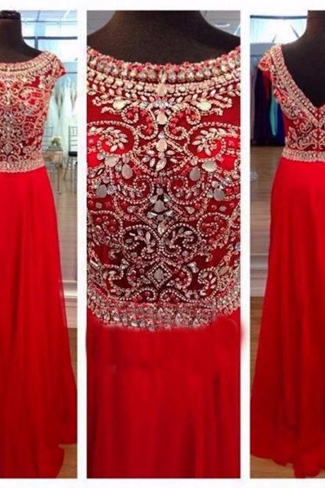 Cap Sleeve Red Chiffon Prom Dresses With Luxury Beaded Sequins Top Sexy Open Back A Line Chiffon Floor Length Pageant Party Dresses 2017 Vestidos De Festa