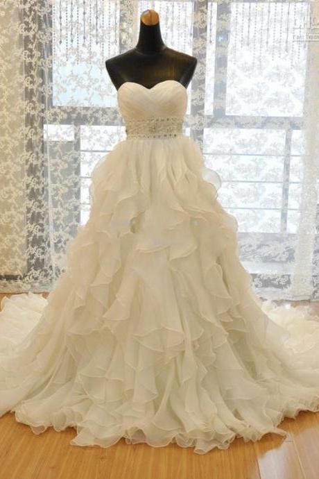 Wedding Dresses Ruffles Tiered Organza Sexy Sweetheart Corest Lace-Up Back With Beaded Sash Court Train Bridal Gowns Dress
